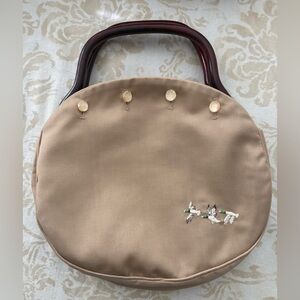 Bermuda Bag Tan Cotton Embroidered Birds 4 Button Cover Lucite Handle Vintage